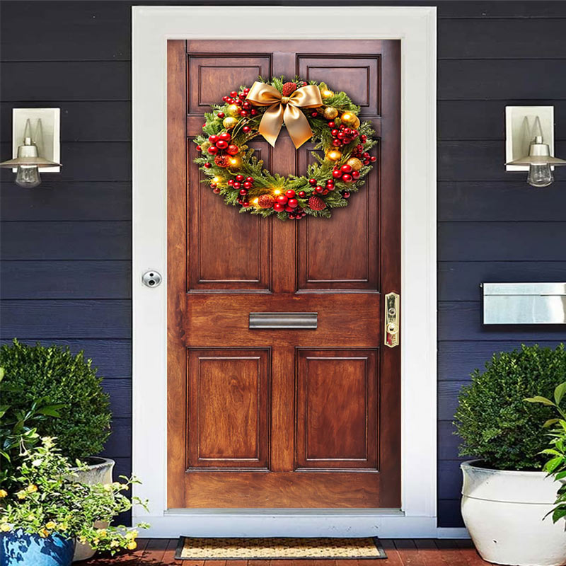 Aperturee Red Cherry Bowknot Wreath Wood Christmas Door Cover