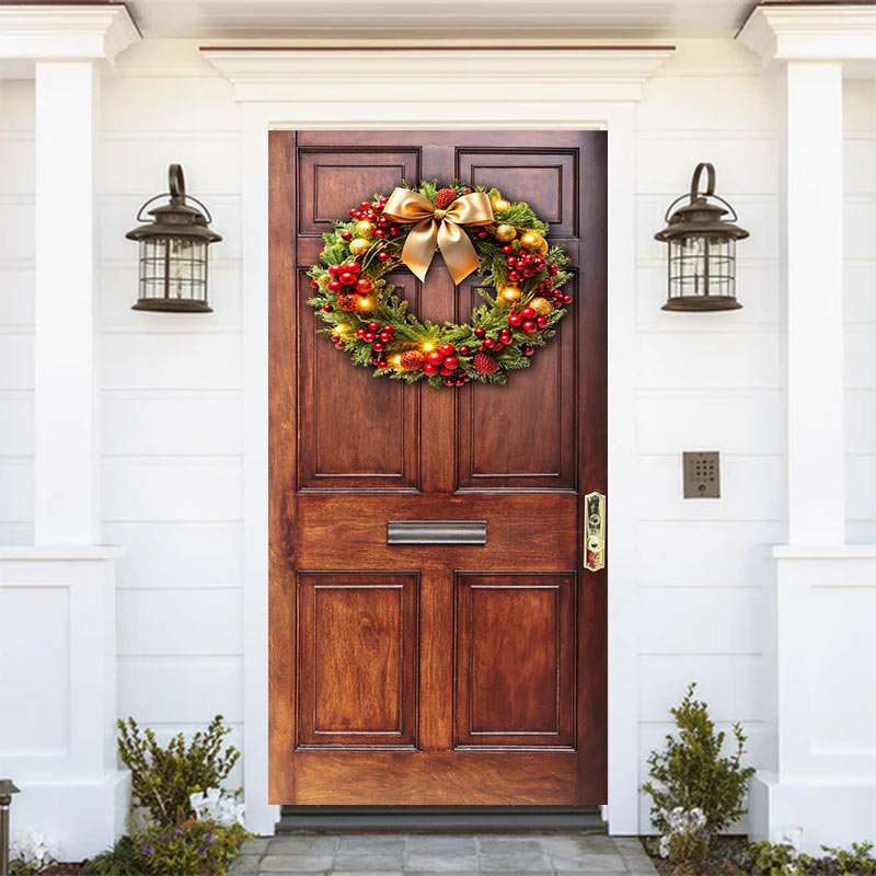 Aperturee Red Cherry Bowknot Wreath Wood Christmas Door Cover