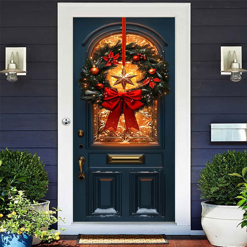Aperturee Red Bowknot Star Wreath Light Xmas Navy Door Cover