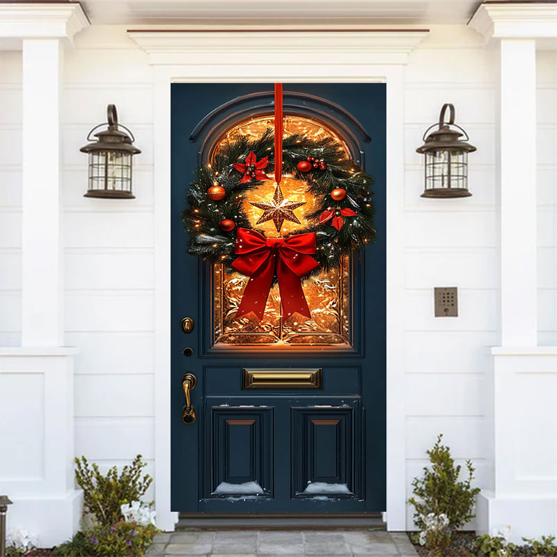 Aperturee Red Bowknot Star Wreath Light Xmas Navy Door Cover