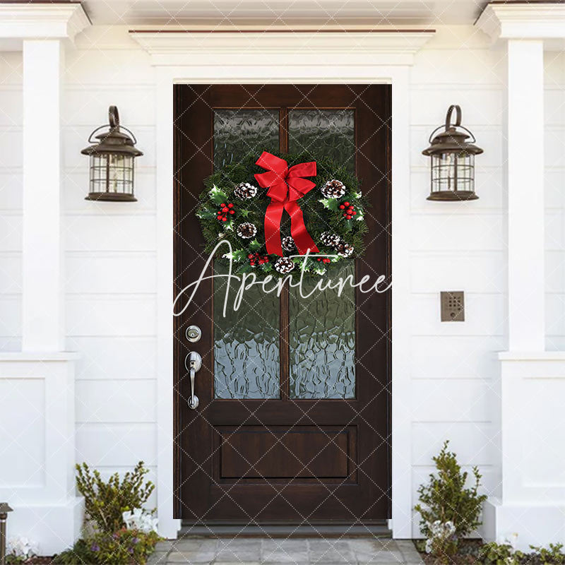 Aperturee Dark Green Door Wreath With Bow Christmas Door Cover