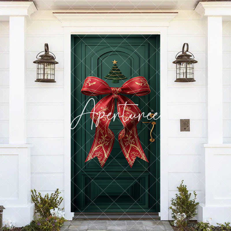Aperturee Green Retro Door Red Bow Tie Christmas Door Cover