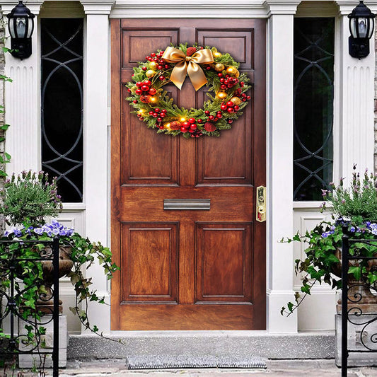 Aperturee Red Cherry Bowknot Wreath Wood Christmas Door Cover