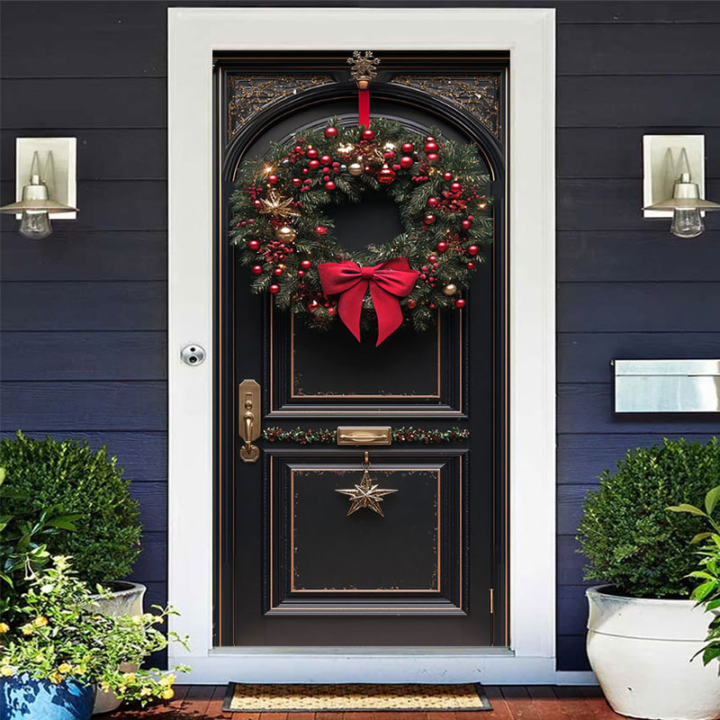 Aperturee Bowknot Red Cherry Wreath Black Christmas Door Cover