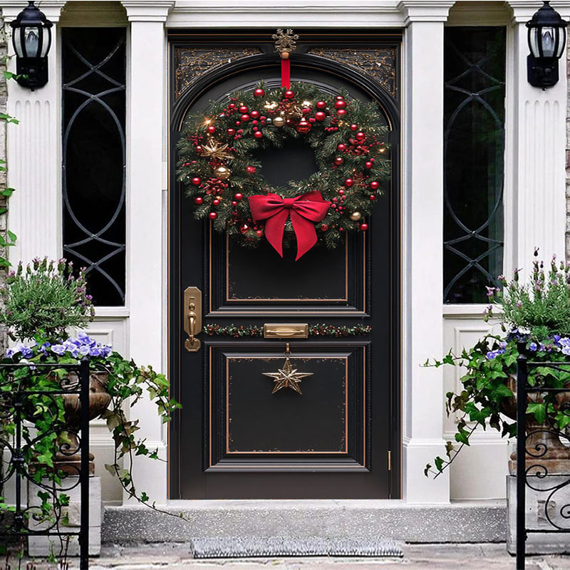 Aperturee Bowknot Red Cherry Wreath Black Christmas Door Cover