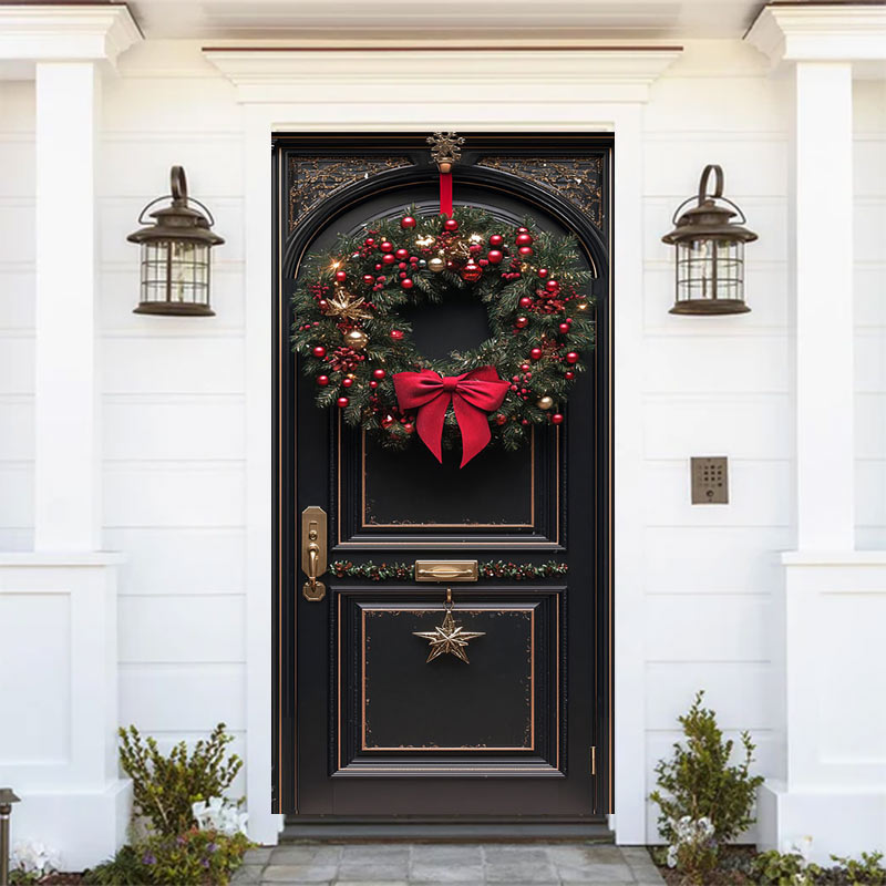 Aperturee Bowknot Red Cherry Wreath Black Christmas Door Cover