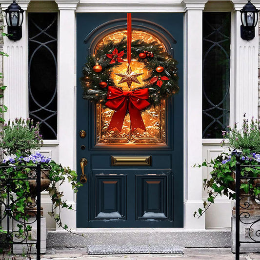 Aperturee Red Bowknot Star Wreath Light Xmas Navy Door Cover