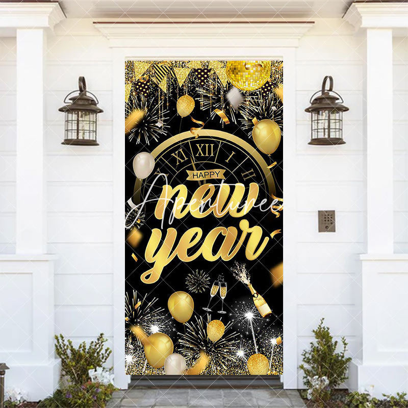 Aperturee Black Gold Balloons Clock Happy New Year Door Cover