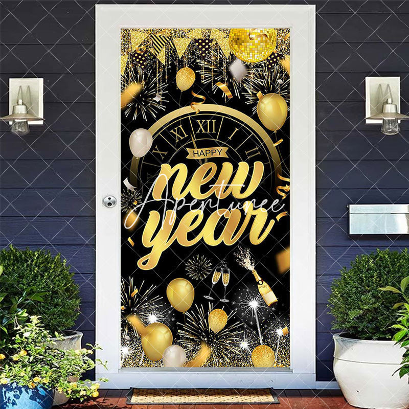 Aperturee Black Gold Balloons Clock Happy New Year Door Cover