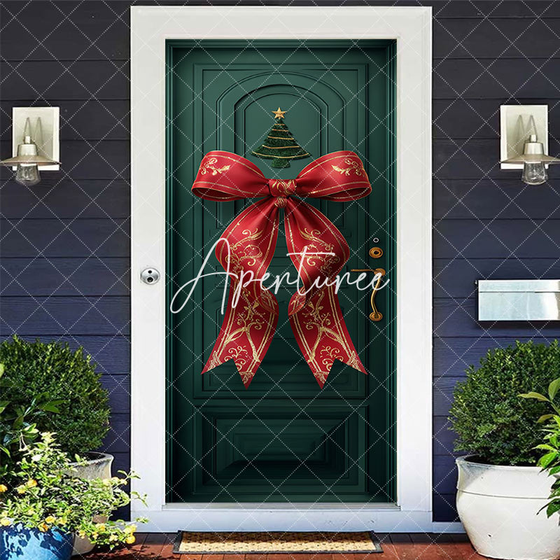 Aperturee Green Retro Door Red Bow Tie Christmas Door Cover