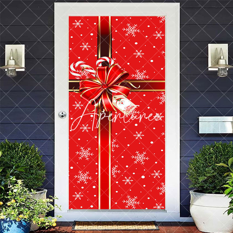 Aperturee Red Gift Box Bow Tie Snowflake Christmas Door Cover