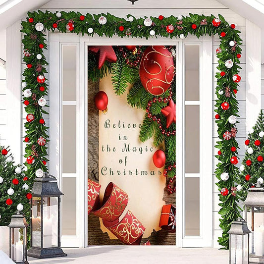 Believe In The Magic Wooden Red Christmas Door Cover